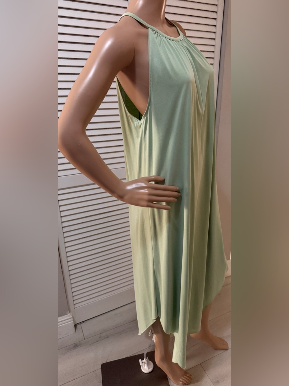 Mint Green Halter Swing Dress Open Back Flowy Midi Dress Minimalist Resort